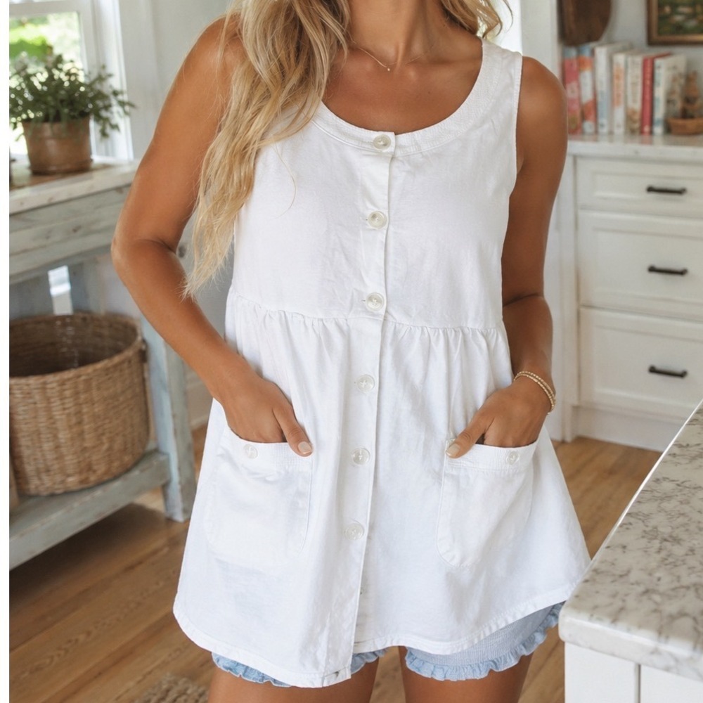 Vtg Anne Lewin White Pure Cotton Button Down Babydoll Pocket Tunic  L CR2